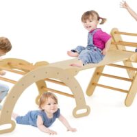 RELAX4LIFE 5 en 1 Triángulo de Escalada para Niños con Tobogán, Arco de Escalada, Escalera, Rampa Reversible, Juguetes Montessori de Madera de Haya para Niños de 1+ Años (Natural)