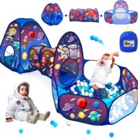 BERYLED Tienda de Campaña Infantil espacial, 3 en 1 pop up parque de bolas con tunel, piscina de bolas con canasta y casita de tela plegable para interior, exterior y jardín, regalo bebés, niños/niñas