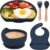 FILOWA Vajilla Bebe Silicona 5 Piezas Cuenco y Plato con Ventosa Babero Cuchara Tenedor Cubiertos Set,Antideslizante Vajillas Completas Impermeable Aprendizaje Kit Vajilla para Infantil Niños, Azul