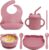 Juego Vajilla Bebe de Silicona,Feelhap Vajilla Bebé Silicona Libre BPA con Plato Ventosa Cuenco Cuchara Tenedor Taza Babero, 7 Piezas Aprendizaje Kit Vajilla antideslizante e impermeable,Rosa Oso